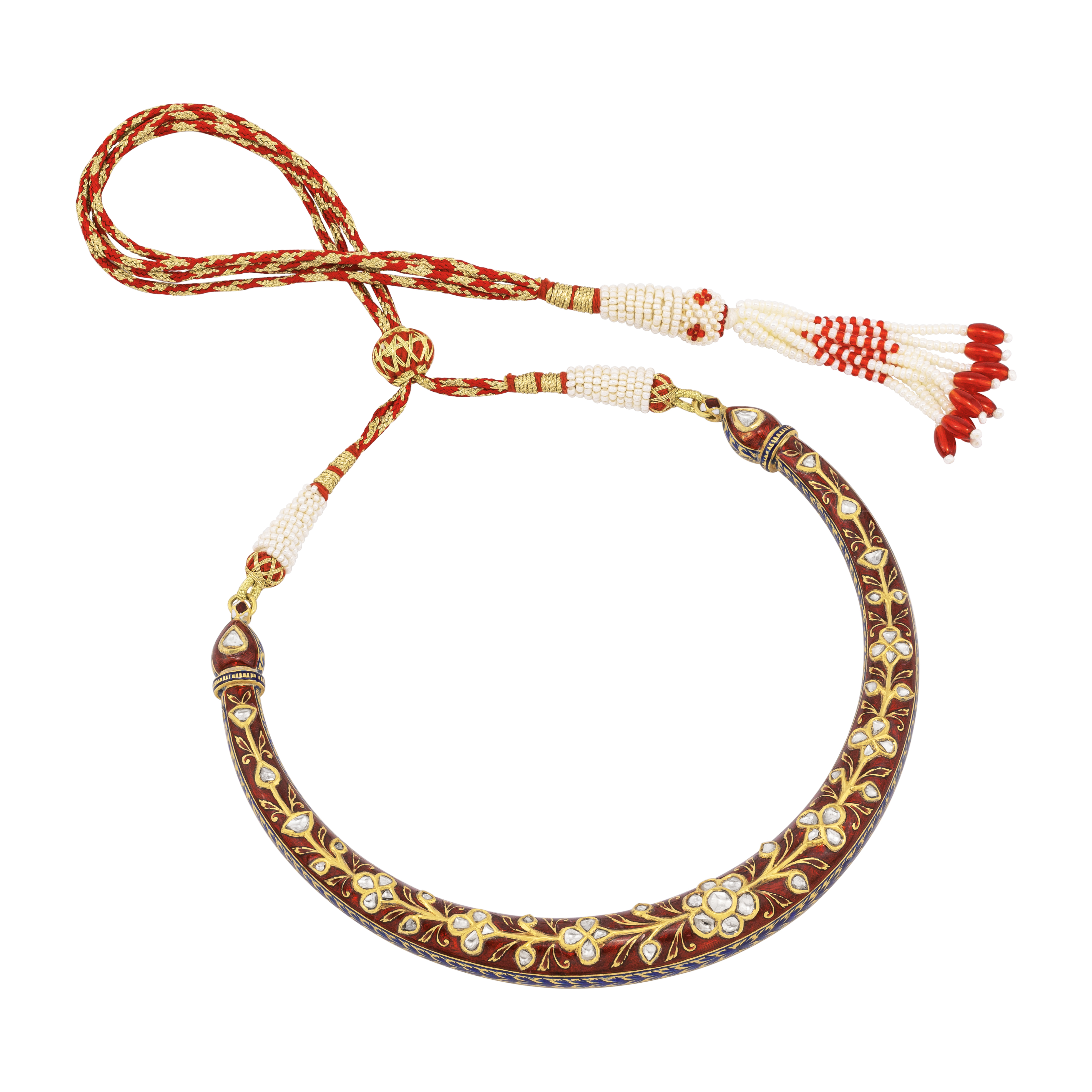 Floral Hasli with Uncut Polki & Red Enamel Detailing